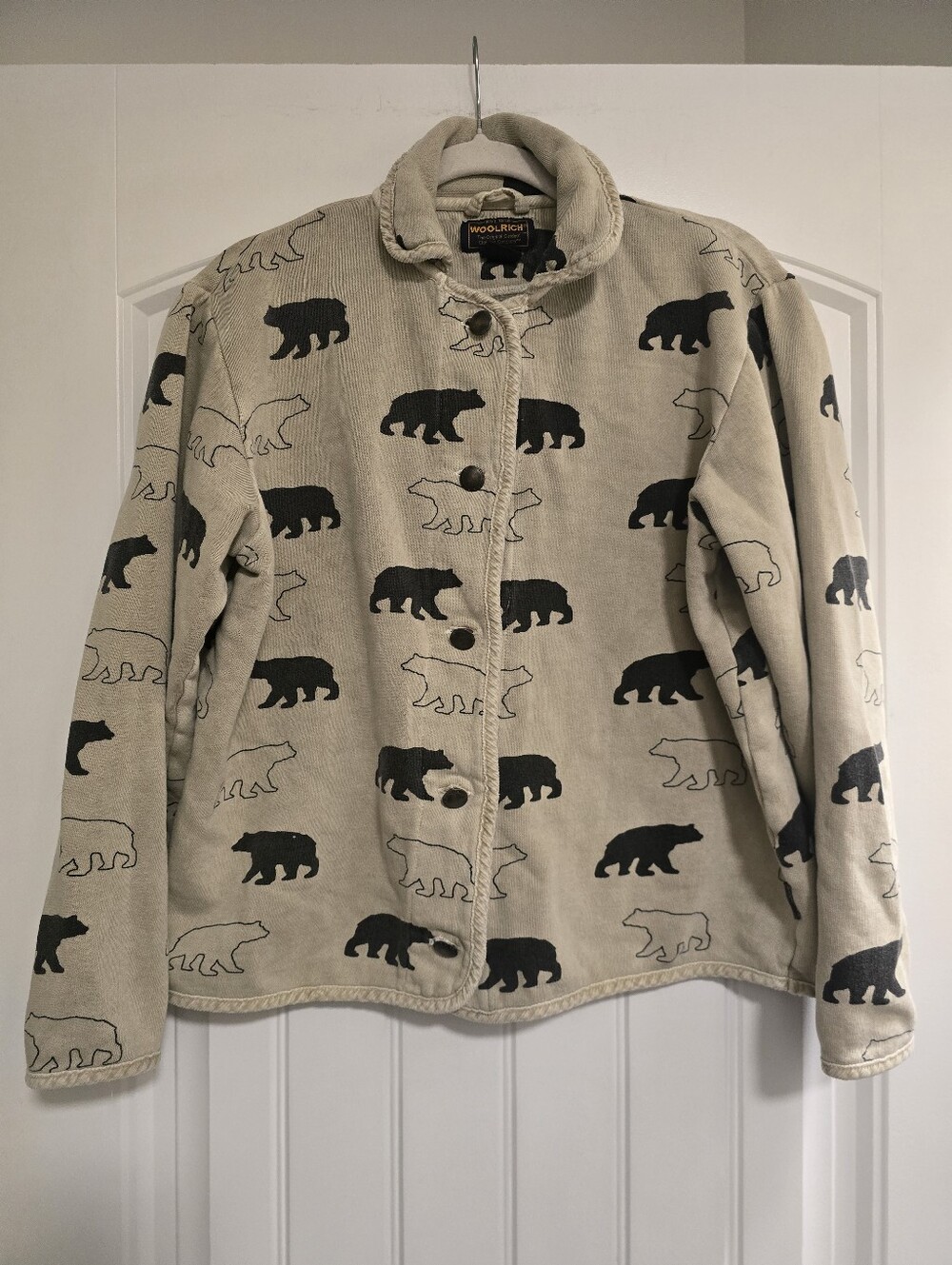 Vintage Woolrich Cream Knit Jacket Metal Button with Black Bear Print